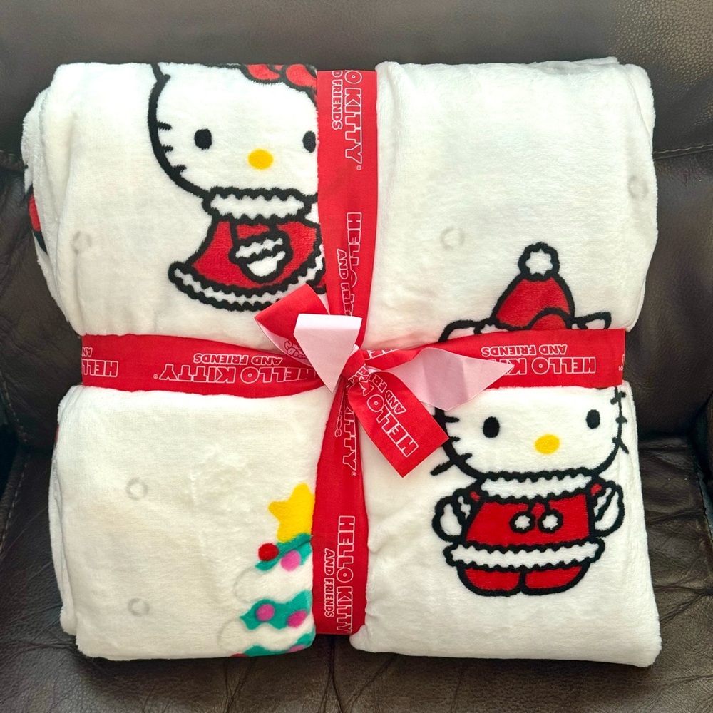 Hello Kitty in Santa Suit with Christmas Trees 60” x 90” Plush Christmas Blanket